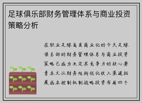 足球俱乐部财务管理体系与商业投资策略分析